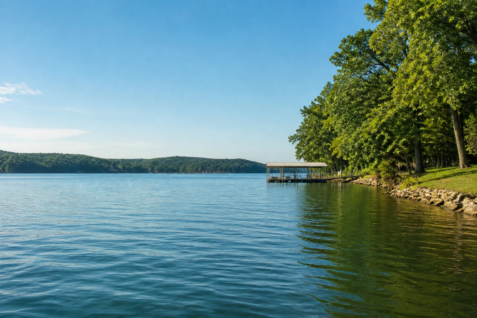 Calm water and wooded shoreline at Lake of the Ozarks